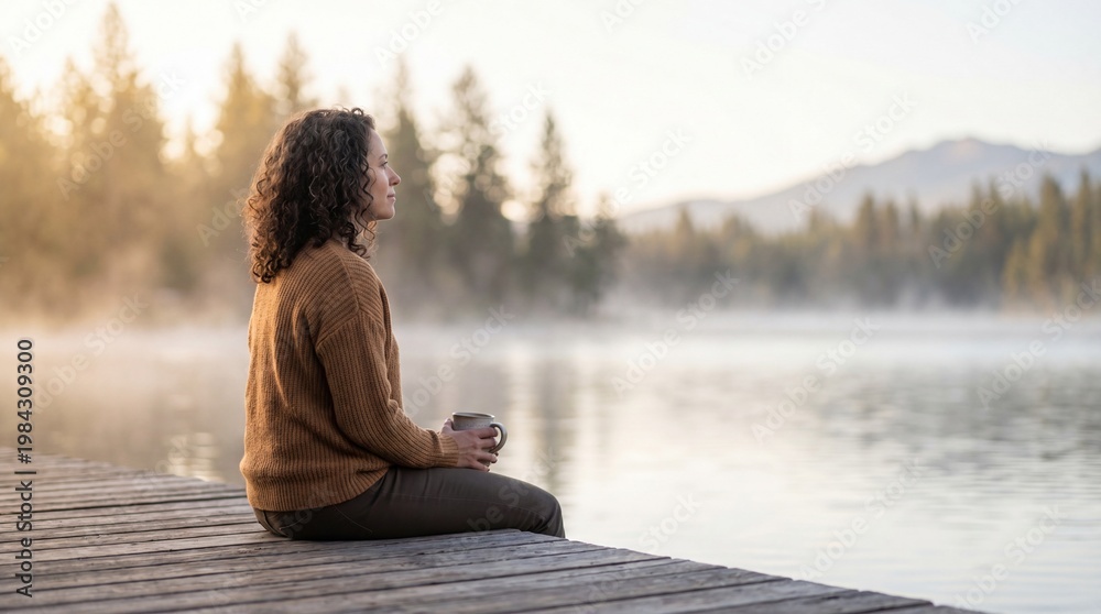 Fototapeta premium Woman on dock with mug, gazing at misty lake at sunrise