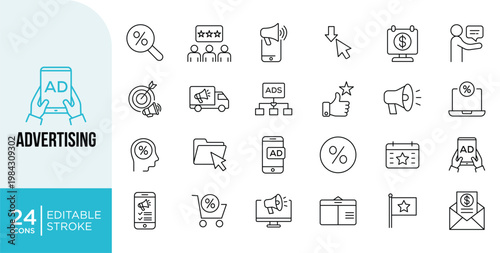 Digital Marketing Advertising Icons Set. Promotion, Ads Campaign, Social Media and Branding Vector Outline Symbols Editable Stroke
