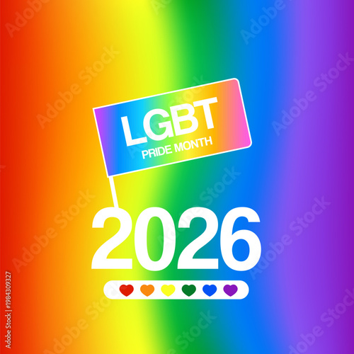 LGBT Pride Month 2026 square banner. Rainbow Pride flag and glowing cloud on vibrant multicolor background. Modern vector pride month graphic for LGBTQ community support events and social media posts.