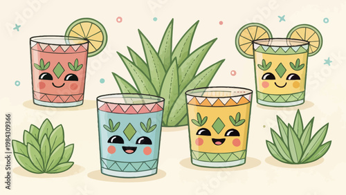 Colorful cartoon glasses with smiling faces and lime wedges on a pastel background with aloe vera plants