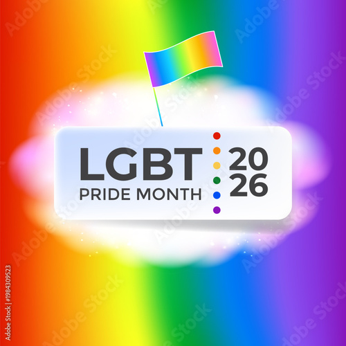 LGBT Pride Month 2026 square banner. Rainbow Pride flag and glowing cloud on vibrant multicolor background. Modern vector pride month graphic for LGBTQ community support events and social media posts.