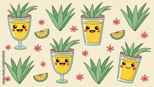 Cartoon agave plants in margarita glasses with smiling faces and pink flowers on beige background