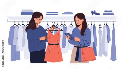 Two female friends enjoy a shopping trip at a clothing store, carefully examining a stylish red dress while one uses a tablet for reference.