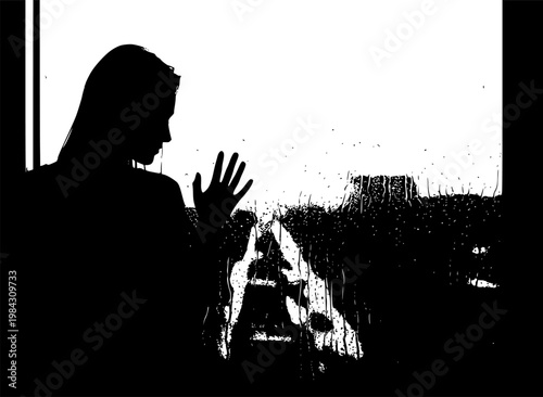 Melancholic Woman Silhouette at Rain Window, Loneliness and Heartbreak Concept Vector, Dramatic Solitude and Reflection Icon