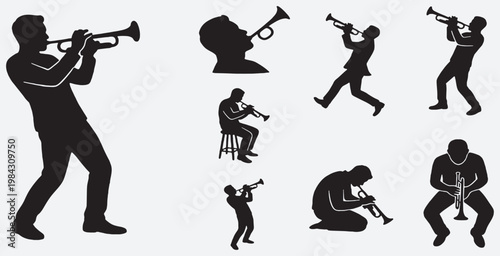 Silhouettes of musicians playing trumpets in various poses, showcasing different styles and moods of performance.