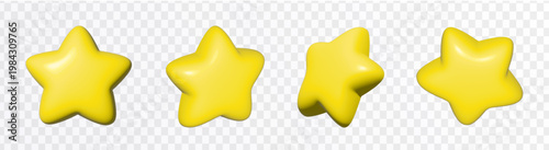 3d golden glossy stars set. Realistic metallic yellow stars from different angles, leadership, game award and customer feedback symbol vector illustration isolated on white background