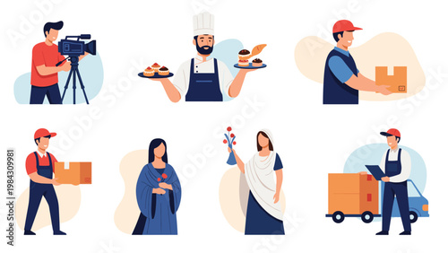 Diverse collection of individuals is shown performing various professional roles such as baker, delivery driver, cameraman, and office worker.