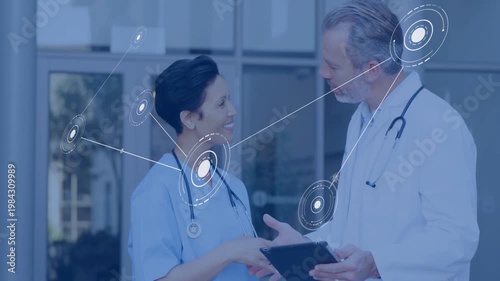 Doctor holding tablet, nurse tapping screen at clinic, tapping causing HUD linking data, handshake