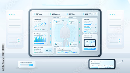 Prosthetic limb calibration dashboard interface with gait analysis, neural signal monitoring and adaptive fitting controls