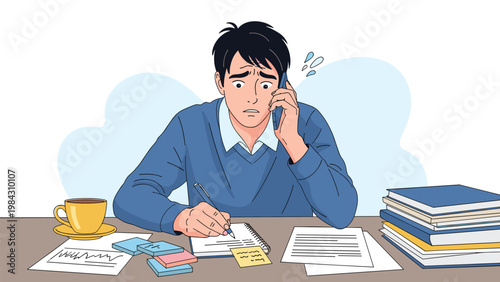 Stressed businessman works at a cluttered desk filled with documents while talking urgently on his mobile phone and taking notes in a notebook.
