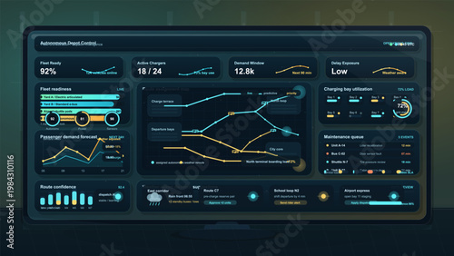 Autonomous transit depot control dashboard with route assignment map, charging utilization, and maintenance queue