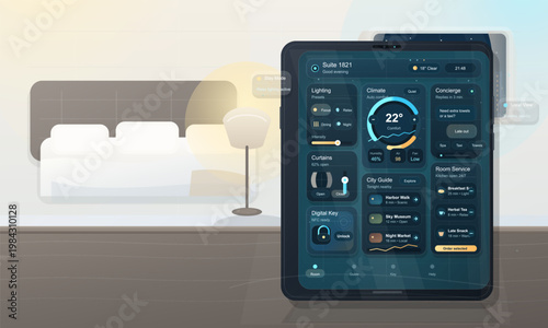 Tablet with smart hotel room control dashboard for lighting, climate, concierge and digital key in modern suite