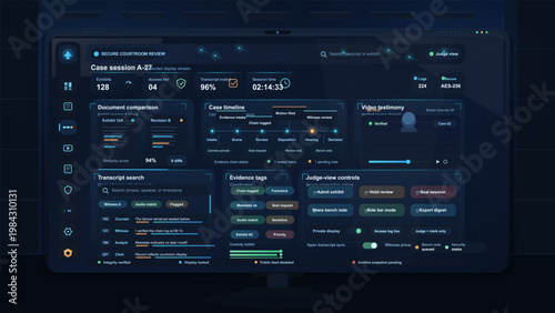 Secure courtroom review dashboard with case timeline, transcript search, evidence tags, and video testimony controls
