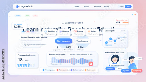 AI language tutor landing page with speaking practice, lesson path, pronunciation coach and learning dashboard