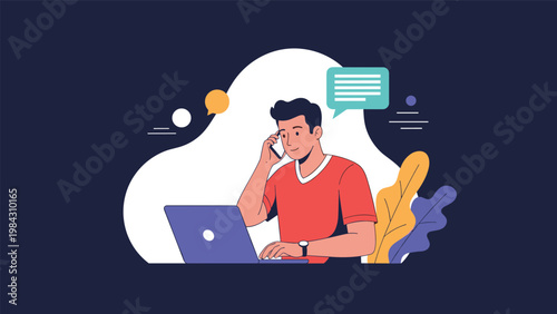 Modern professional man sits at his desk and engages in a productive phone conversation while simultaneously working on a laptop computer.