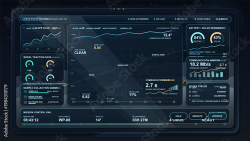 Futuristic lunar rover mission control dashboard interface with navigation telemetry, slope scan and communication panels