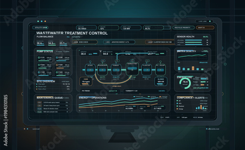 Foto Wastewater treatment control dashboard with pump status, water quality metrics a