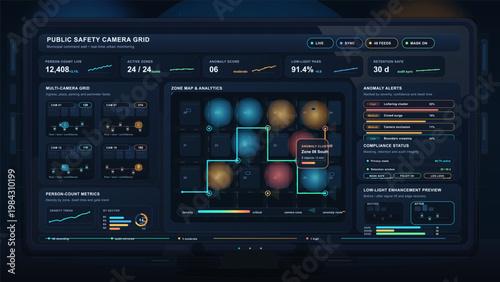 Public safety camera grid dashboard interface with surveillance analytics, anomaly alerts and urban monitoring panels