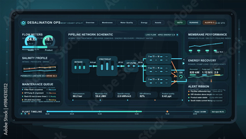 Desalination plant dashboard interface with pipeline network schematic, membrane performance, and energy recovery analytics
