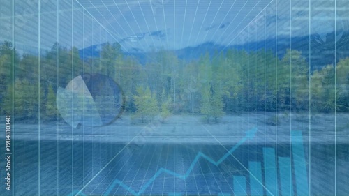 ANALYSING DATA appearing causing HUD moving over lake grid charts growing pulsing showing live data