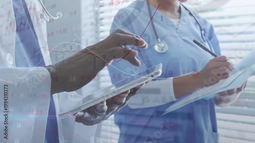 Doctor tapping tablet and nurse noting on clipboard, charts appearing and highlighting patient data
