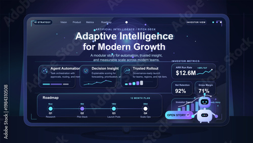 AI strategy investor dashboard interface with pitch deck metrics, product roadmap and business growth panels