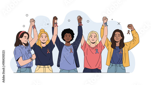 Group of diverse women standing together and raising their hands while wearing awareness ribbons to show support for cancer research and health.