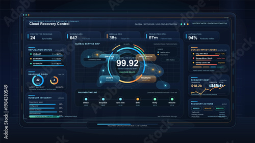 Cloud recovery control dashboard interface with disaster recovery orchestration, failover timeline, and outage analytics