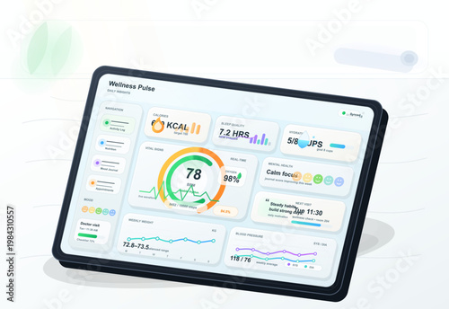 Wellness dashboard interface on tablet with health tracking metrics, sleep, hydration, heart rate, and appointment cards