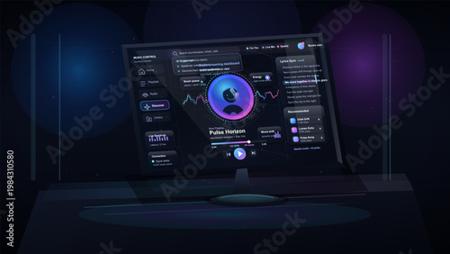 Futuristic music streaming dashboard interface on desktop monitor with audio visualizer, playlists and lyrics sync