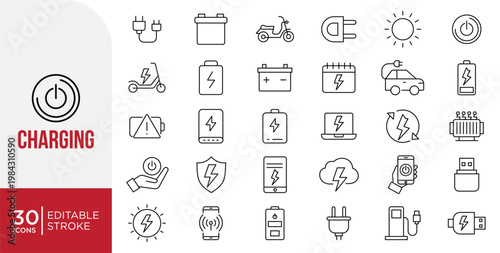 Charging Line Icons Set. Battery, Power and Energy, Electricity, Power Supply Editable Stroke Symbols