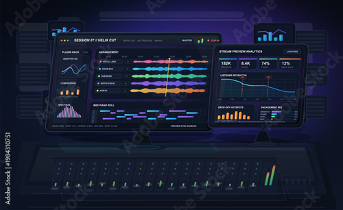 Music production dashboard interface with multitrack waveform editor, plugin rack, listener analytics, and mixing console