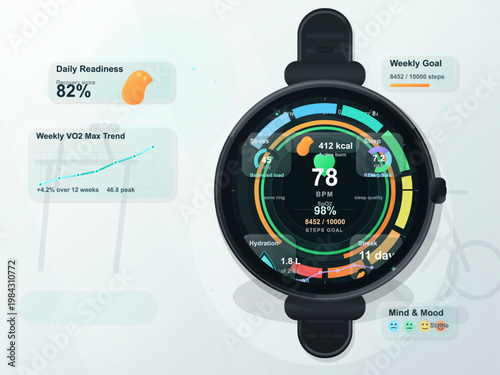 Smartwatch fitness dashboard with heart rate, sleep, steps, hydration, and wellness tracking metrics