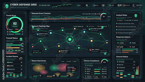 Cyber defense monitoring dashboard interface with network topology map, threat score, incident response, and compliance