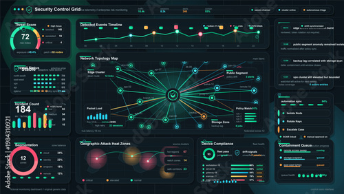 Cybersecurity control dashboard interface with network topology map, threat score, incident timeline and compliance panels