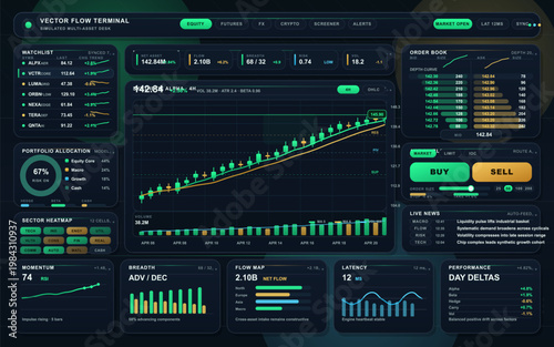 Multi-asset trading terminal dashboard with candlestick chart, order book, watchlist, and portfolio analytics