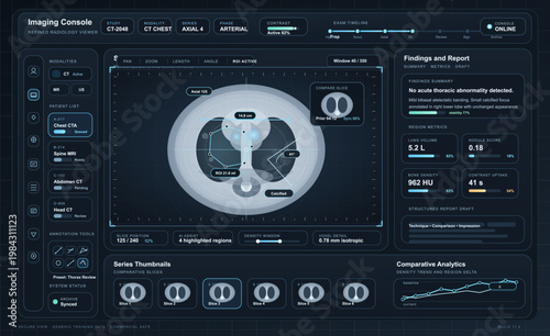 Radiology imaging console dashboard with chest CT axial scan viewer, findings report panel, metrics, and comparative analytics