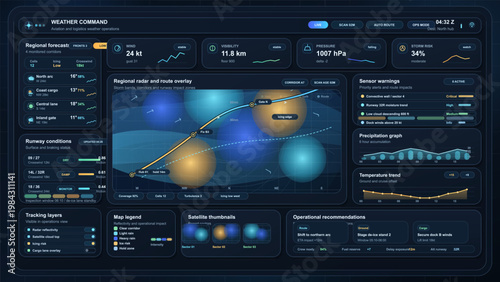 Weather operations command dashboard interface with regional radar map, runway conditions and storm risk monitoring