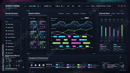 Music production interface with modular synthesizer matrix, channel rack, waveform editor, and transport controls
