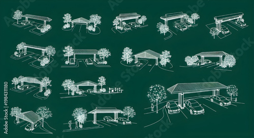 Hotel Road Parking Area Blueprint Icon Set – Multi View AutoCAD Entrance and Parking Planning Resort Landscape Technical Drawing White Outline on Dark Green Background
