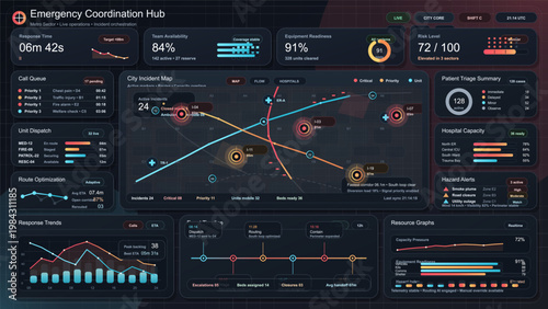 Emergency coordination dashboard interface with city incident map, hospital capacity, triage summary and response analytics