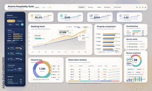 Canvas Print Hospitality analytics dashboard interface with hotel portfolio metrics, booking