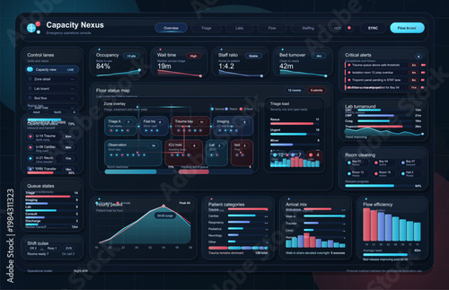 Emergency department capacity dashboard interface with floor status map, patient flow analytics and critical alerts