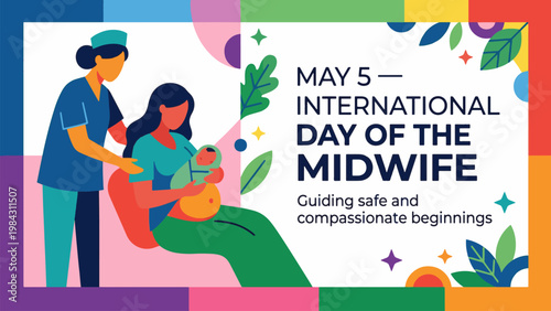 An illustration celebrating International Day of the Midwife on May 5th, showing a midwife assisting a mother holding her newborn baby.
