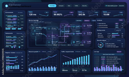 Cloud infrastructure monitoring dashboard with service topology, incidents, live logs, scaling events, and resource graphs