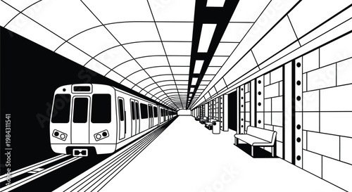 A stark black and white illustration depicts a subway train arriving at a station platform emphasizing geometric shapes and a dramatic silhouette high quality