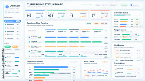 Laboratory turnaround dashboard interface with specimen flow timeline, instrument status, reagent levels, and priority alerts