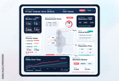 Emergency triage tablet dashboard with patient vitals, symptoms, medication flags, and clinical decision queue