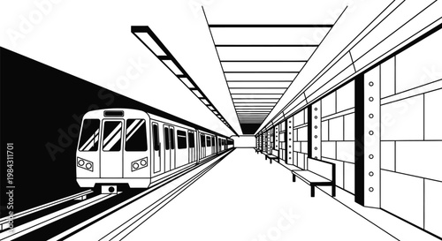 A stark black and white illustration depicts a subway train arriving at a station platform showcasing a minimalist aesthetic silhouette high quality professional detailed