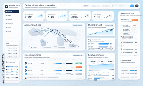 Airline alliance analytics dashboard with global route network map, demand forecast, schedule summaries, and loyalty performance